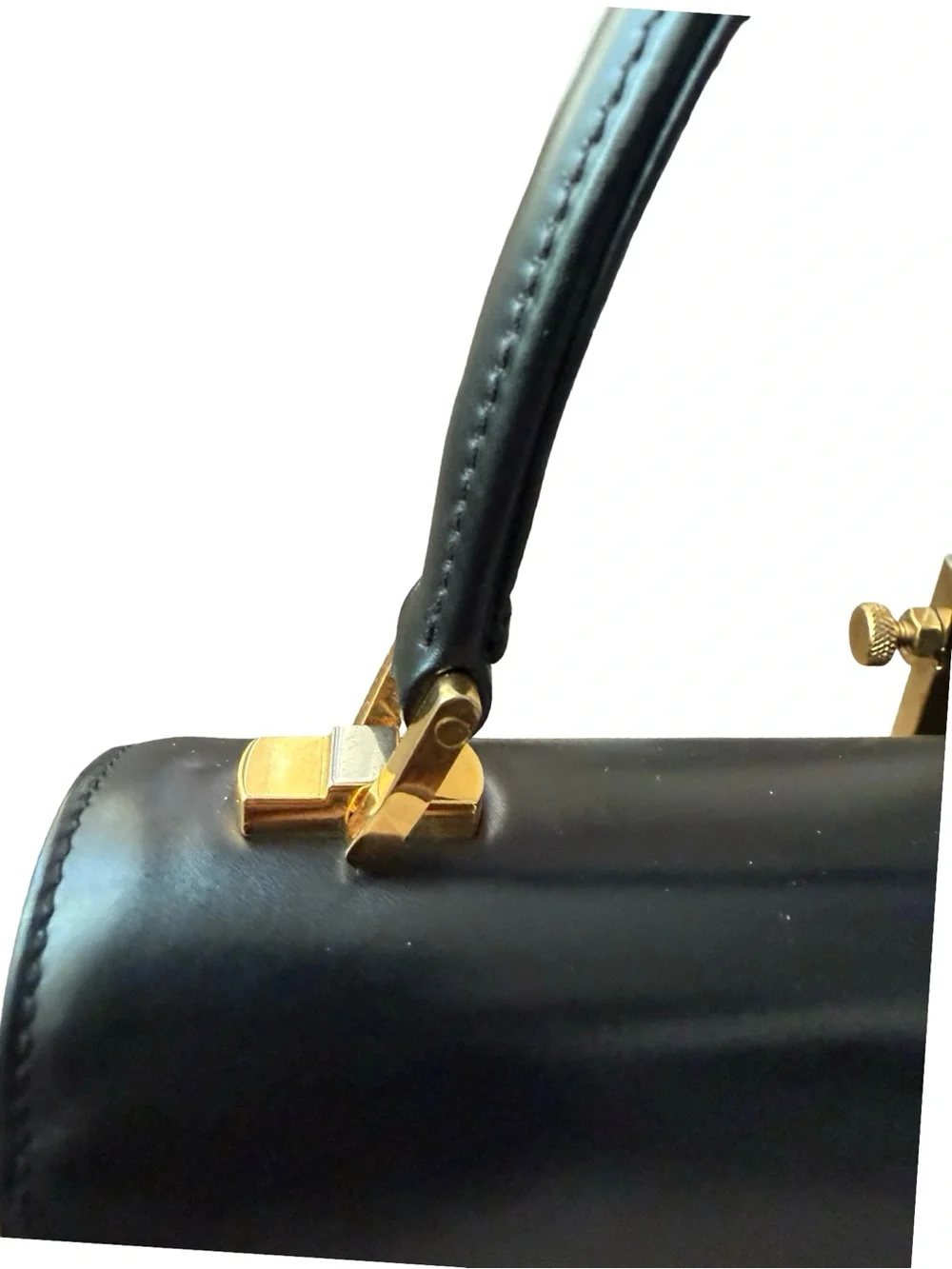 Vintage Gucci Black Leather Structured Top Handle Handbag GG Clasp